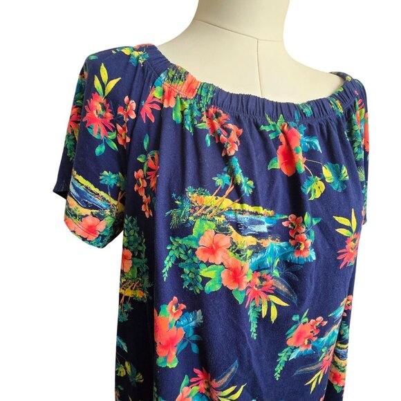Lands End Hawaiian Floral Off-Shoulder Navy Dress With Ruffle Size XL 18 CM2012 - Picture 8 of 10